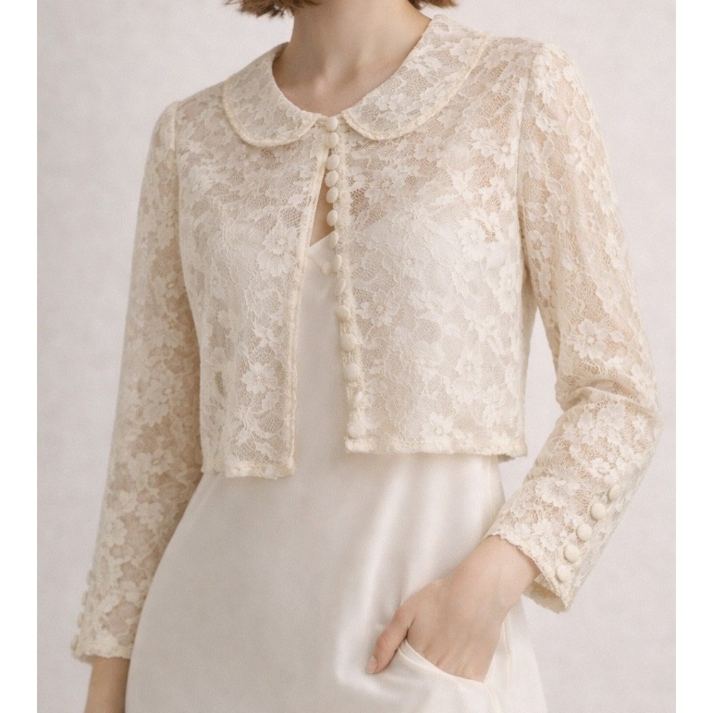 VTG 50s Sheer‎ Lace Cropped Bolero Jacket XS Peter Pan Collar Bridal Top Cream
